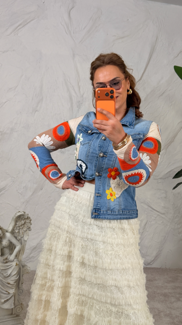 TASARIM JEAN KOT CEKET ÖRGÜ DETAY