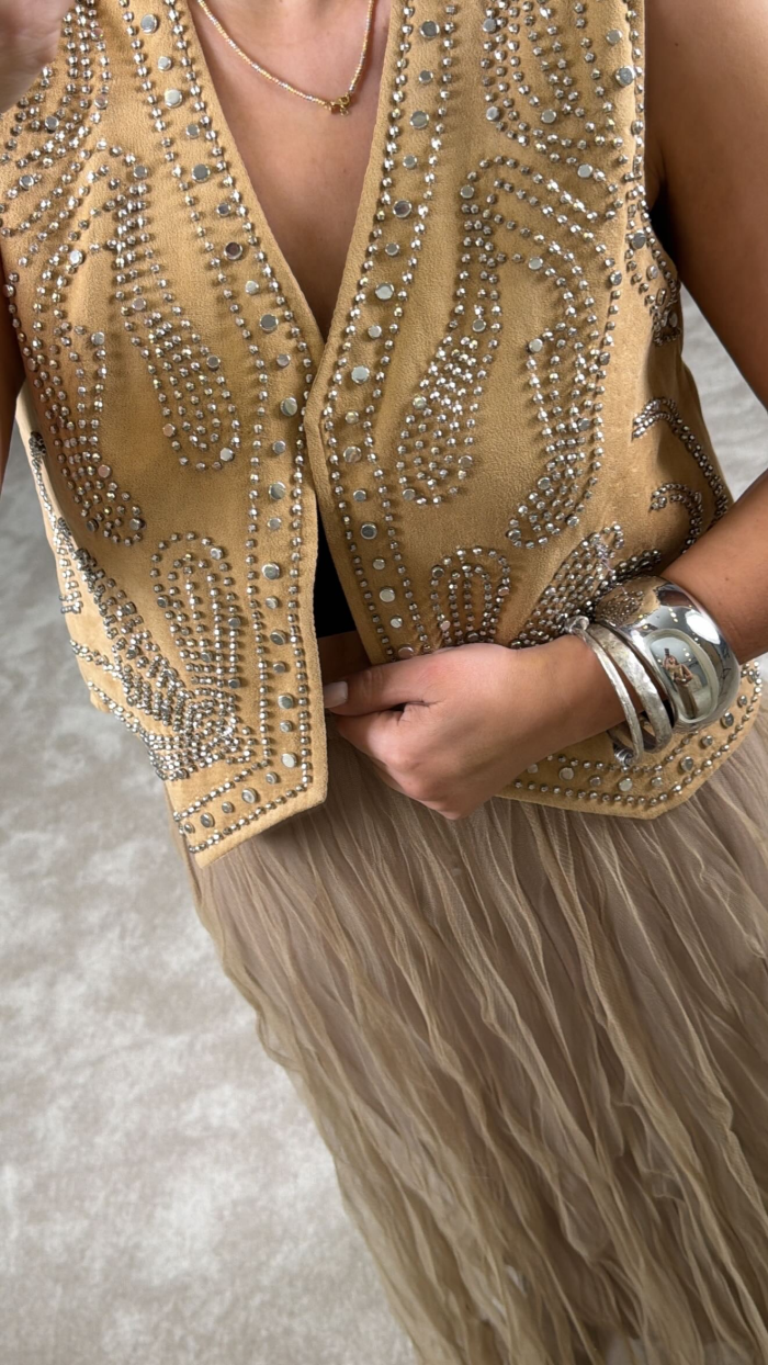 TAŞ İŞLEMELİ TASARIM YELEK CAMEL