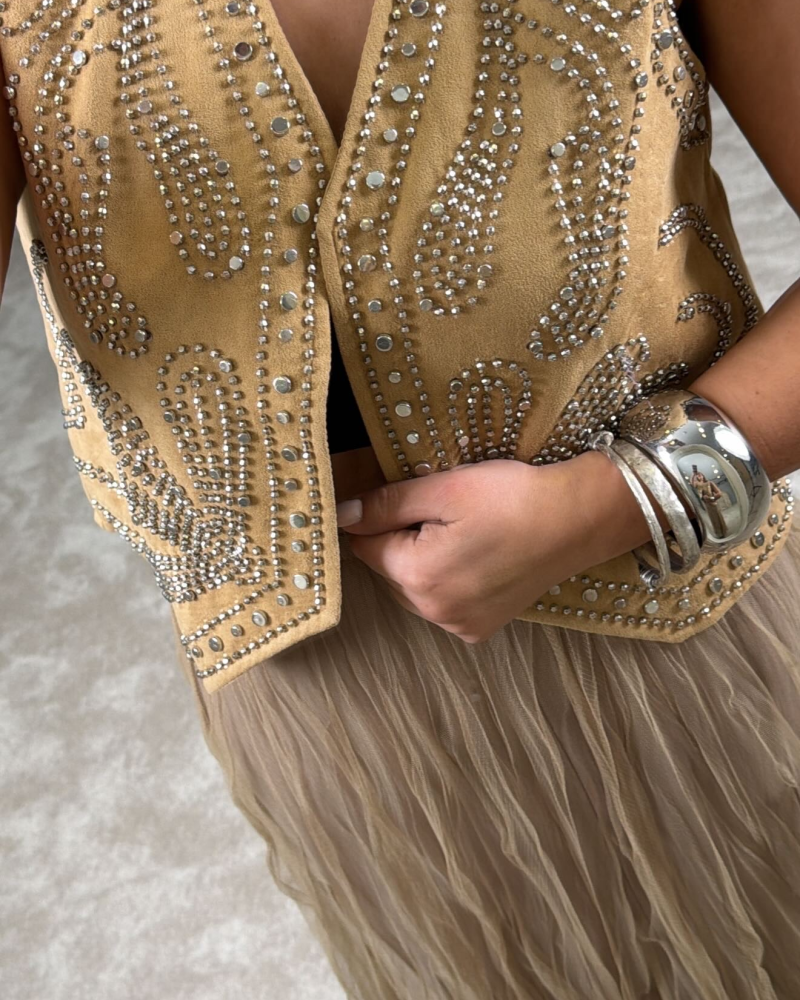 TAŞ İŞLEMELİ TASARIM YELEK CAMEL