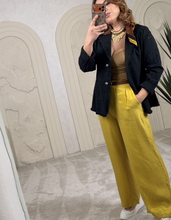 İTALYAN TAŞLANMIŞ EFEKTLİ PANTOLON HARDAL