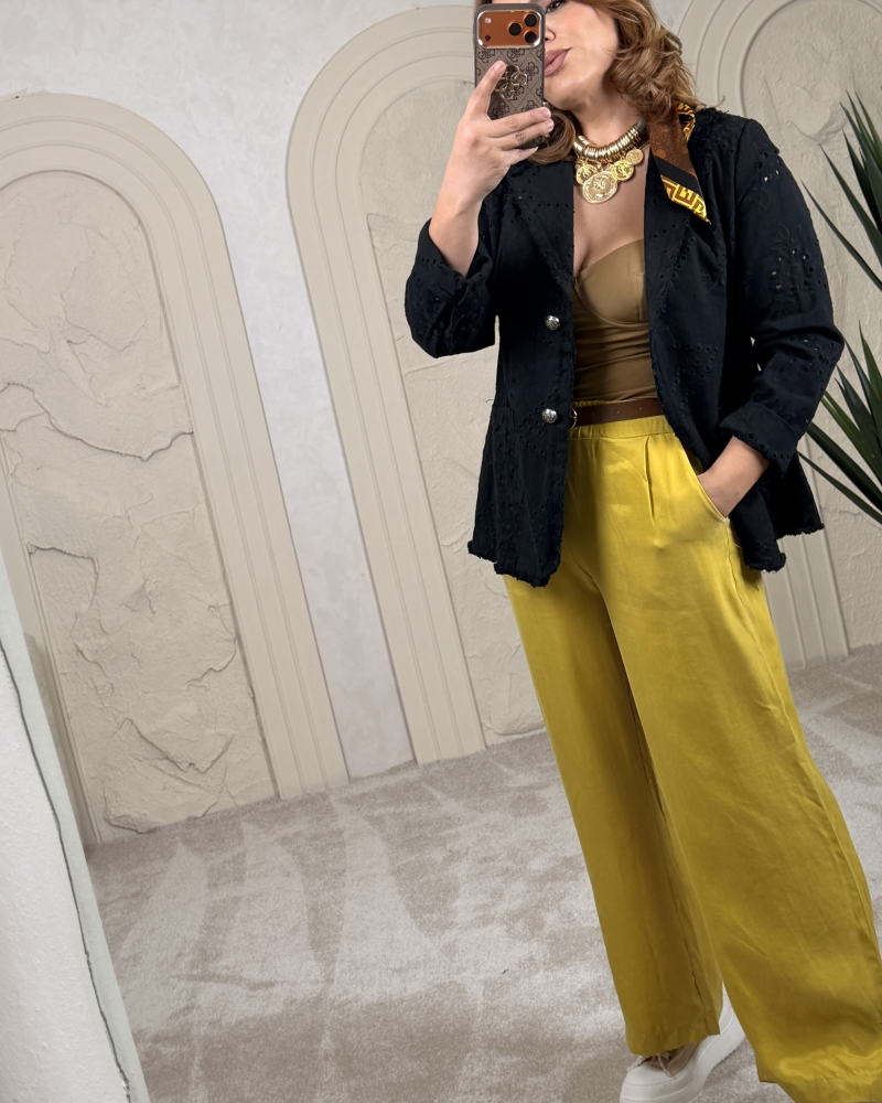 İTALYAN TAŞLANMIŞ EFEKTLİ PANTOLON HARDAL