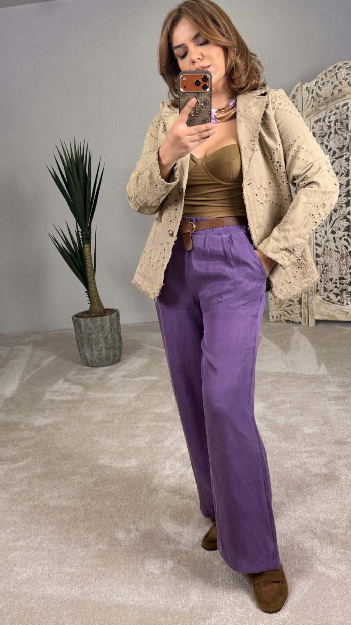 İTALYAN TAŞLANMIŞ EFEKTLİ PANTOLON MOR