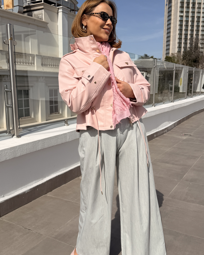 İTALYAN DERİ CEKET PUDRA PEMBE