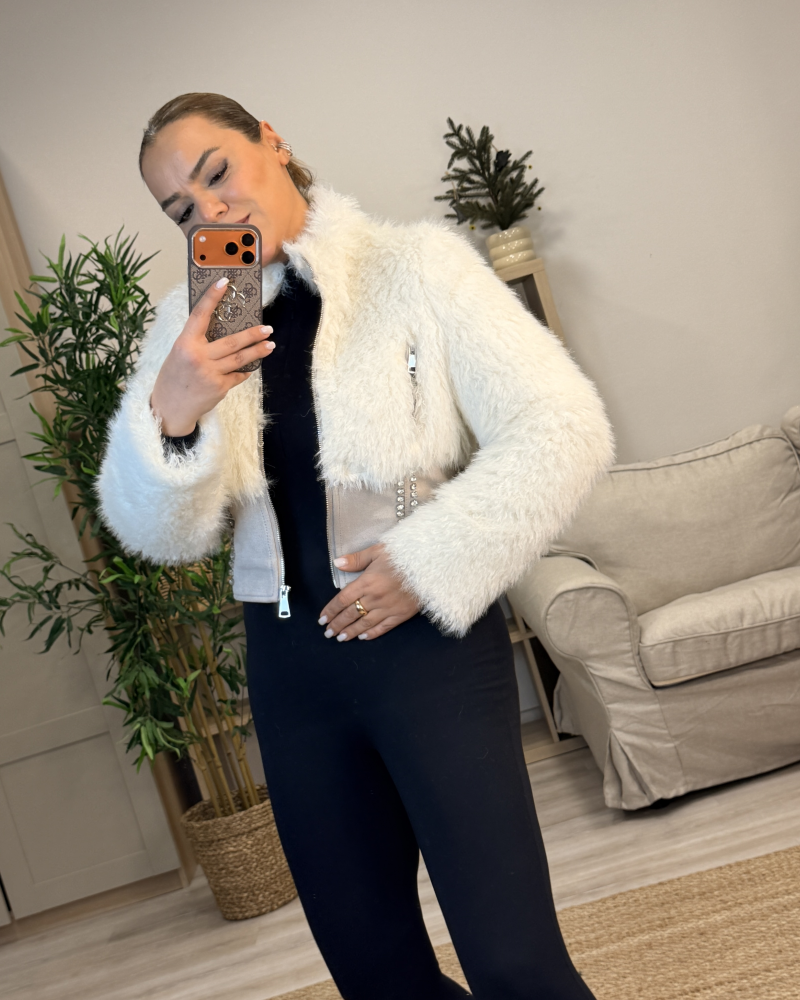 KÜRK DETAYLI SÜET KREM CEKET MONT