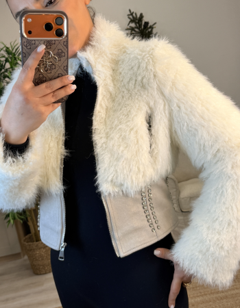 KÜRK DETAYLI SÜET KREM CEKET MONT