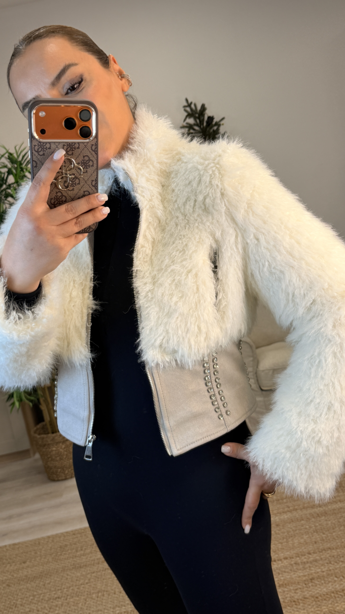 KÜRK DETAYLI SÜET KREM CEKET MONT