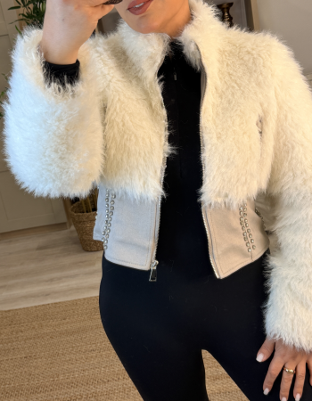 KÜRK DETAYLI SÜET KREM CEKET MONT