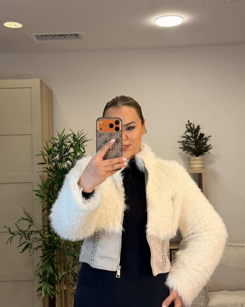 KÜRK DETAYLI SÜET KREM CEKET MONT