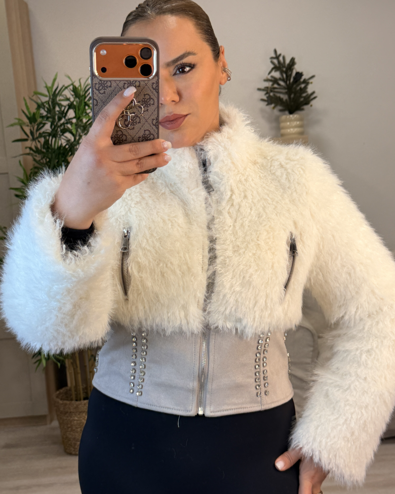 KÜRK DETAYLI SÜET KREM CEKET MONT