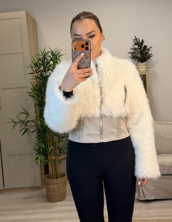 KÜRK DETAYLI SÜET KREM CEKET MONT