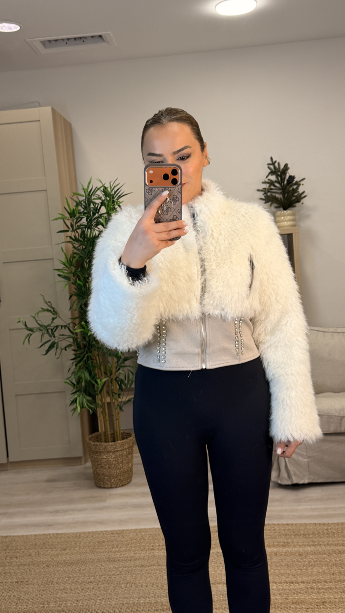 KÜRK DETAYLI SÜET KREM CEKET MONT