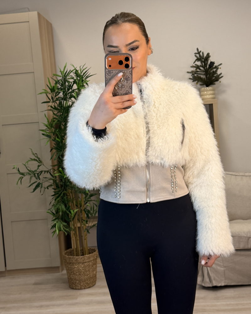 KÜRK DETAYLI SÜET KREM CEKET MONT