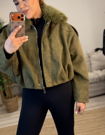 YAKA KÜRK DETAYLI HAKİ İTALYAN SÜET MONT