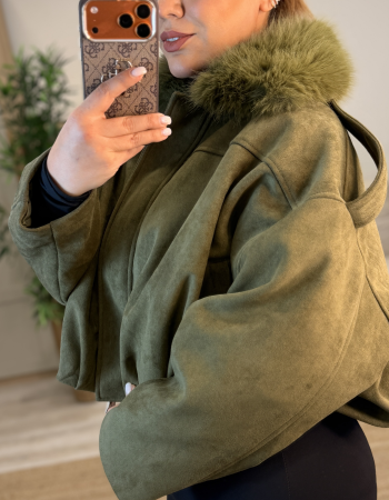 YAKA KÜRK DETAYLI HAKİ İTALYAN SÜET MONT