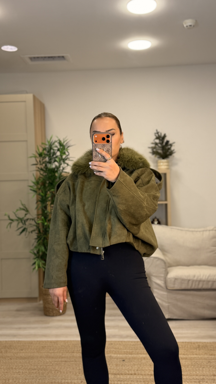 YAKA KÜRK DETAYLI HAKİ İTALYAN SÜET MONT