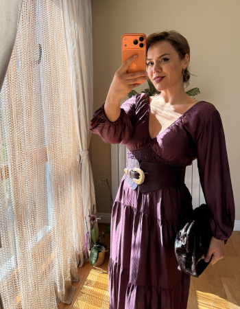 İTALY İPEK DOKULU SATEN ELBİSE MÜRDÜM