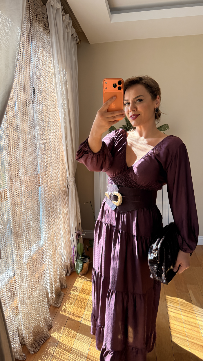 İTALY İPEK DOKULU SATEN ELBİSE MÜRDÜM