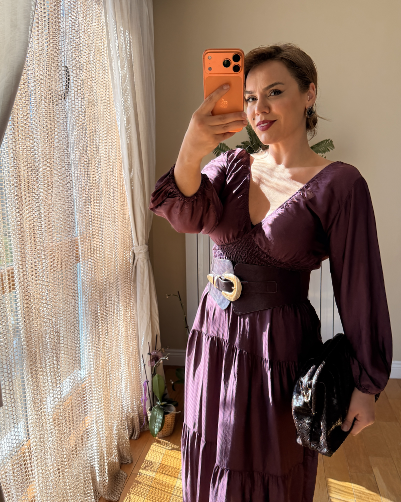 İTALY İPEK DOKULU SATEN ELBİSE MÜRDÜM