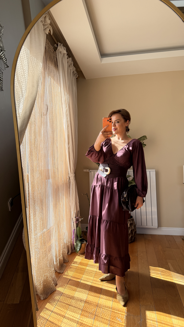 İTALY İPEK DOKULU SATEN ELBİSE MÜRDÜM