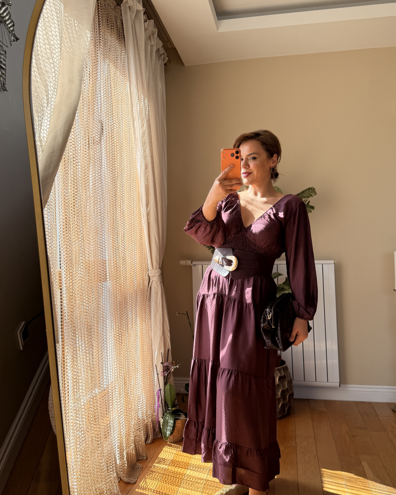 İTALY İPEK DOKULU SATEN ELBİSE MÜRDÜM