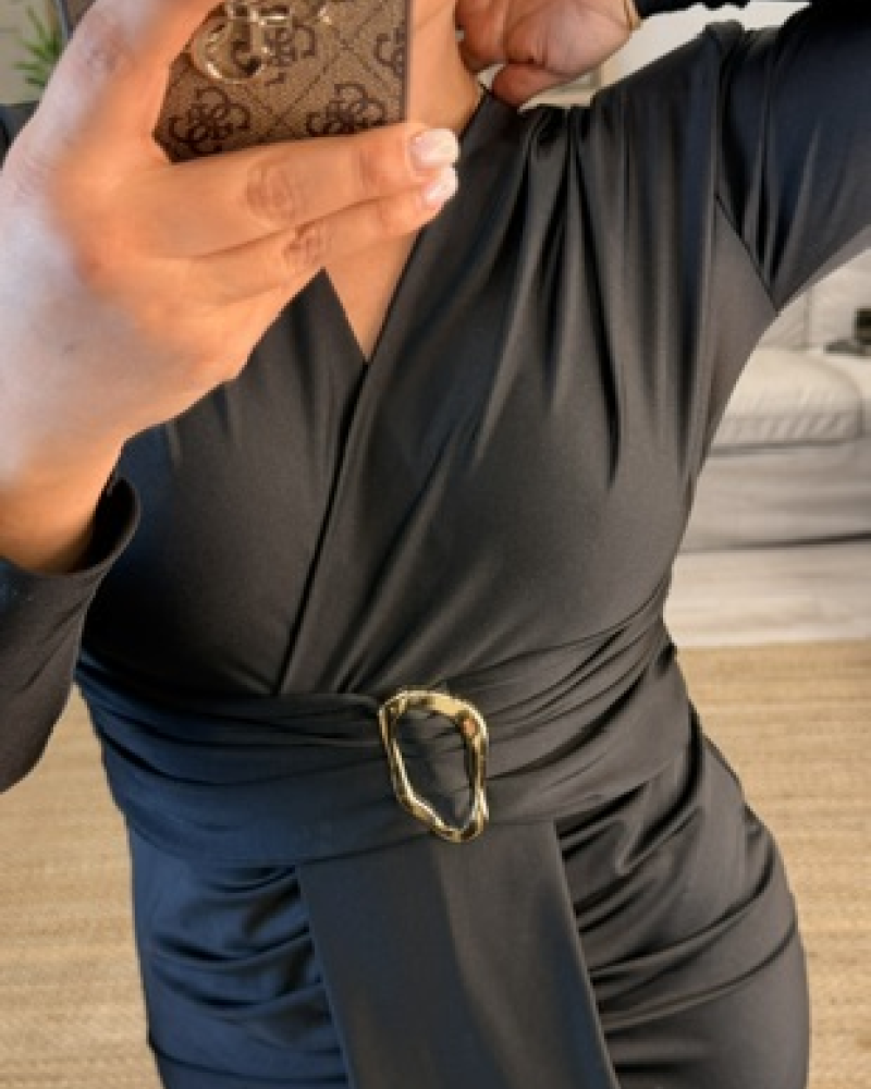 LİKRALI DRAPE KALEM ELBİSE SİYAH