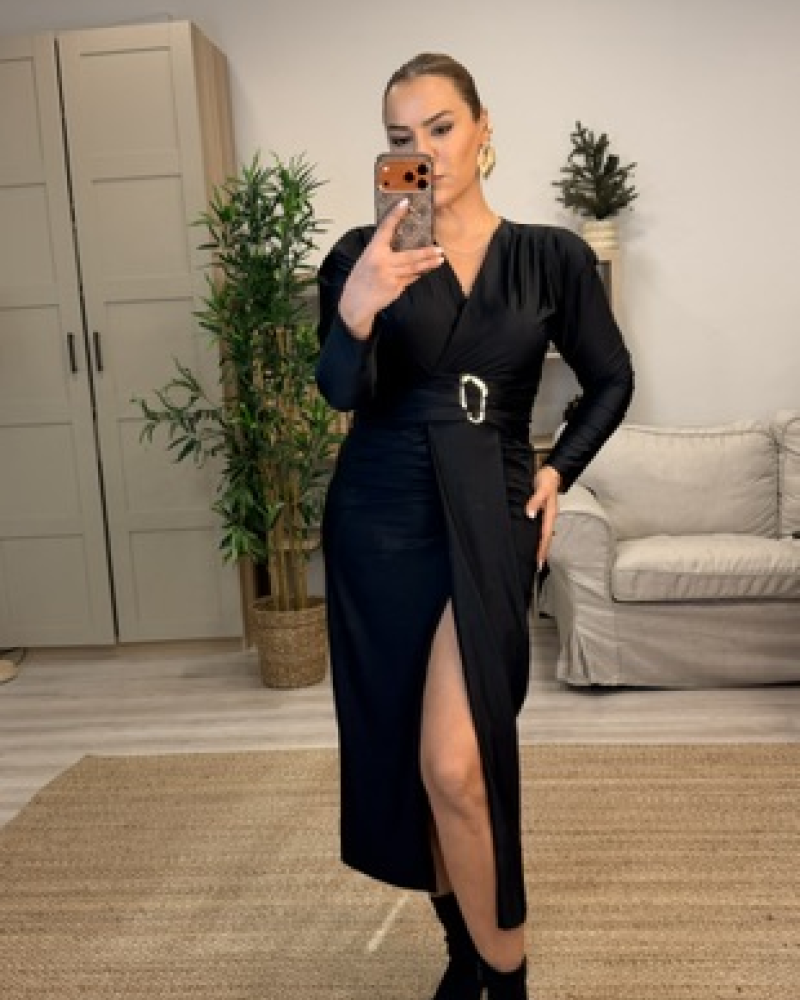 LİKRALI DRAPE KALEM ELBİSE SİYAH