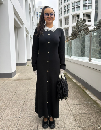 FRANSIZ DANTEL YAKA TRİKO MAXİ ELBİSE