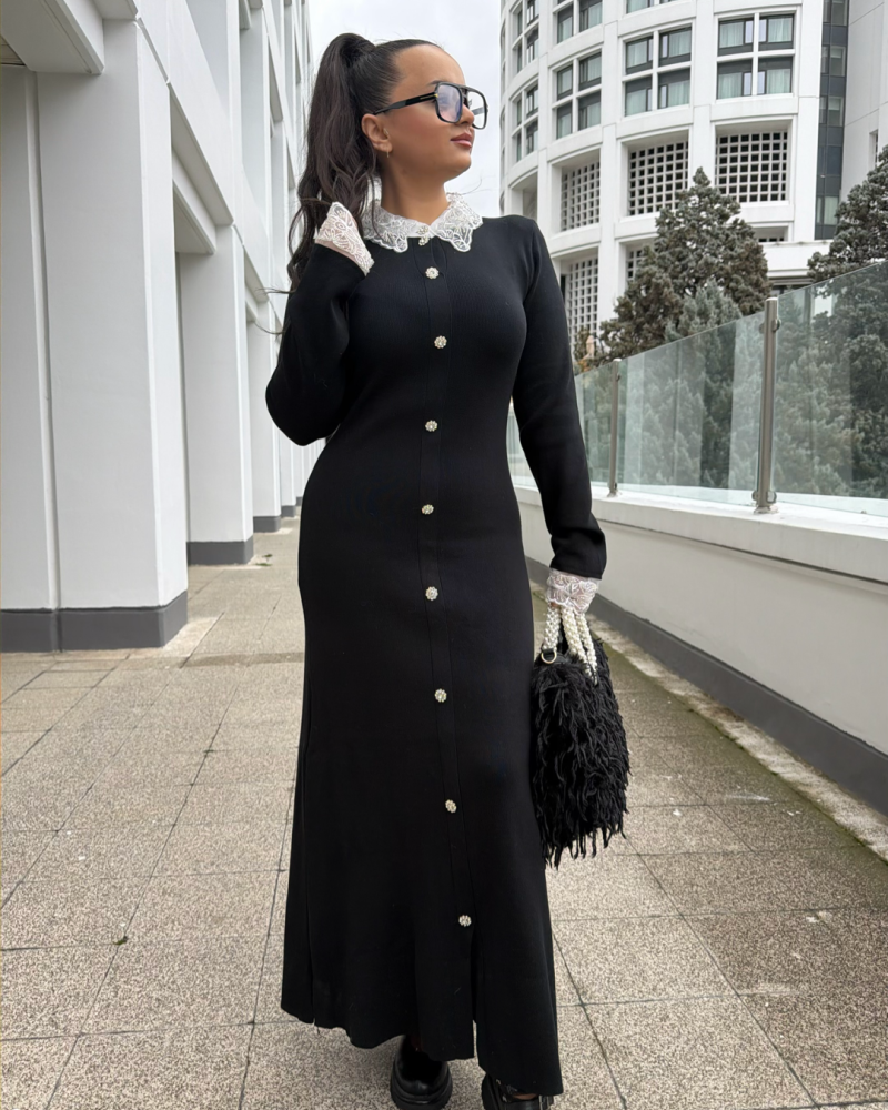 FRANSIZ DANTEL YAKA TRİKO MAXİ ELBİSE