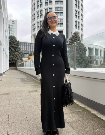 FRANSIZ DANTEL YAKA TRİKO MAXİ ELBİSE