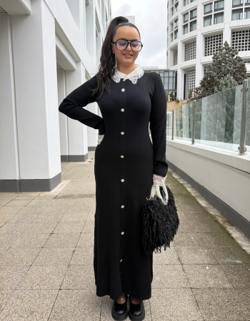 FRANSIZ DANTEL YAKA TRİKO MAXİ ELBİSE