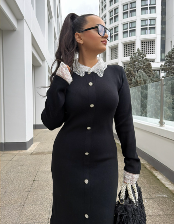 FRANSIZ DANTEL YAKA TRİKO MAXİ ELBİSE