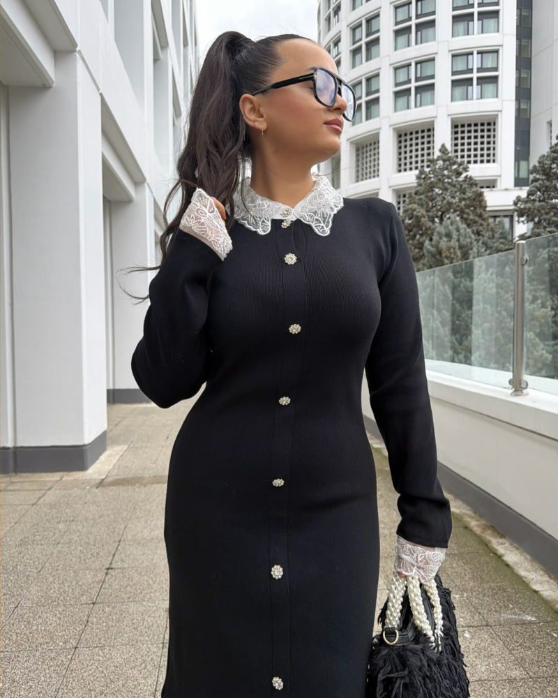 FRANSIZ DANTEL YAKA TRİKO MAXİ ELBİSE