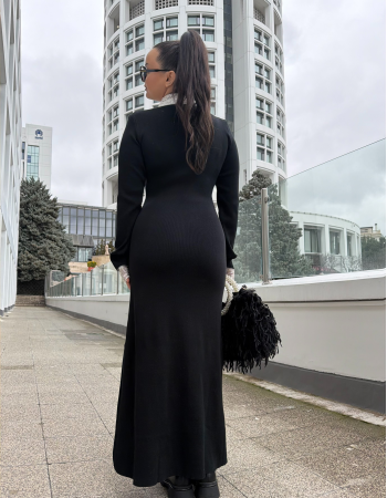 FRANSIZ DANTEL YAKA TRİKO MAXİ ELBİSE