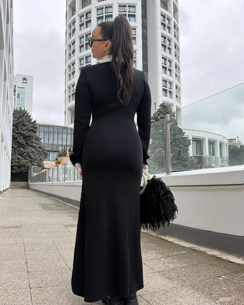 FRANSIZ DANTEL YAKA TRİKO MAXİ ELBİSE