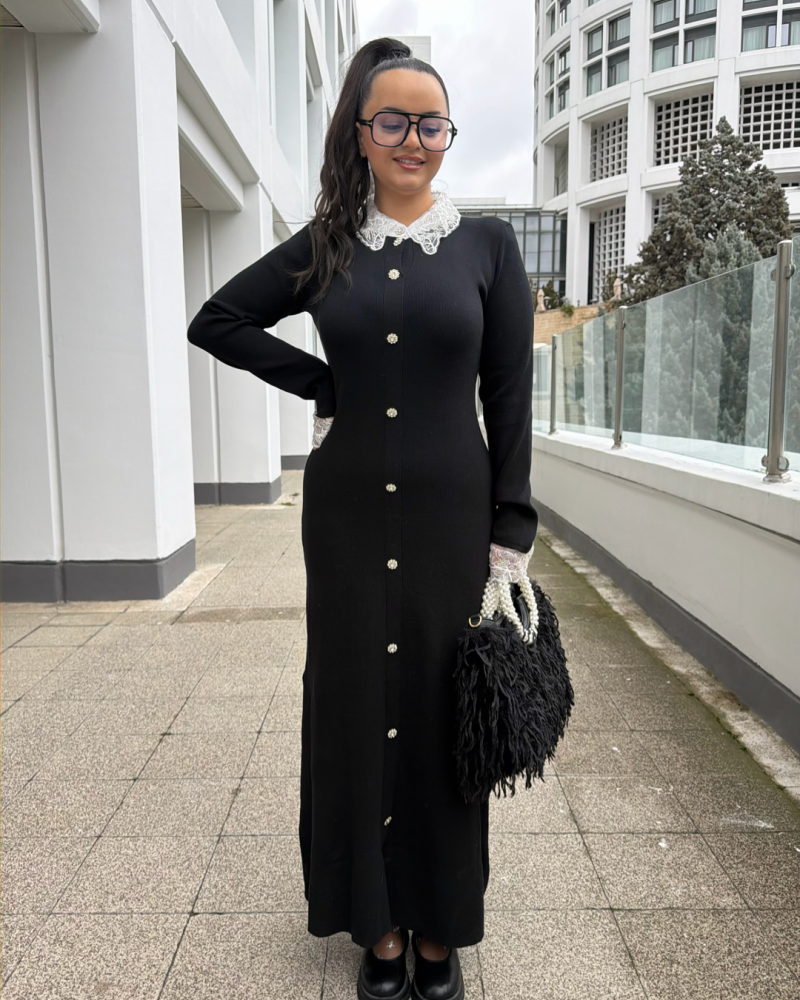 FRANSIZ DANTEL YAKA TRİKO MAXİ ELBİSE