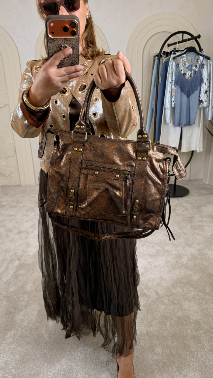 İTALYAN METALİK BRONZ ÇANTA
