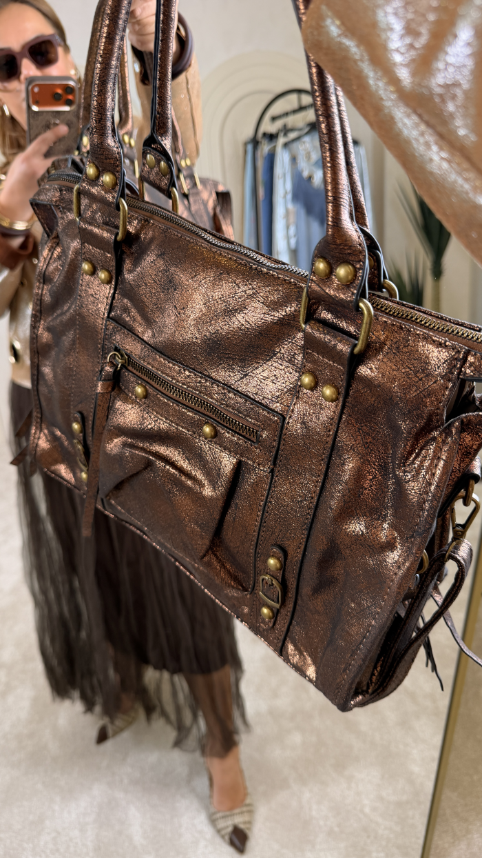 İTALYAN METALİK BRONZ ÇANTA