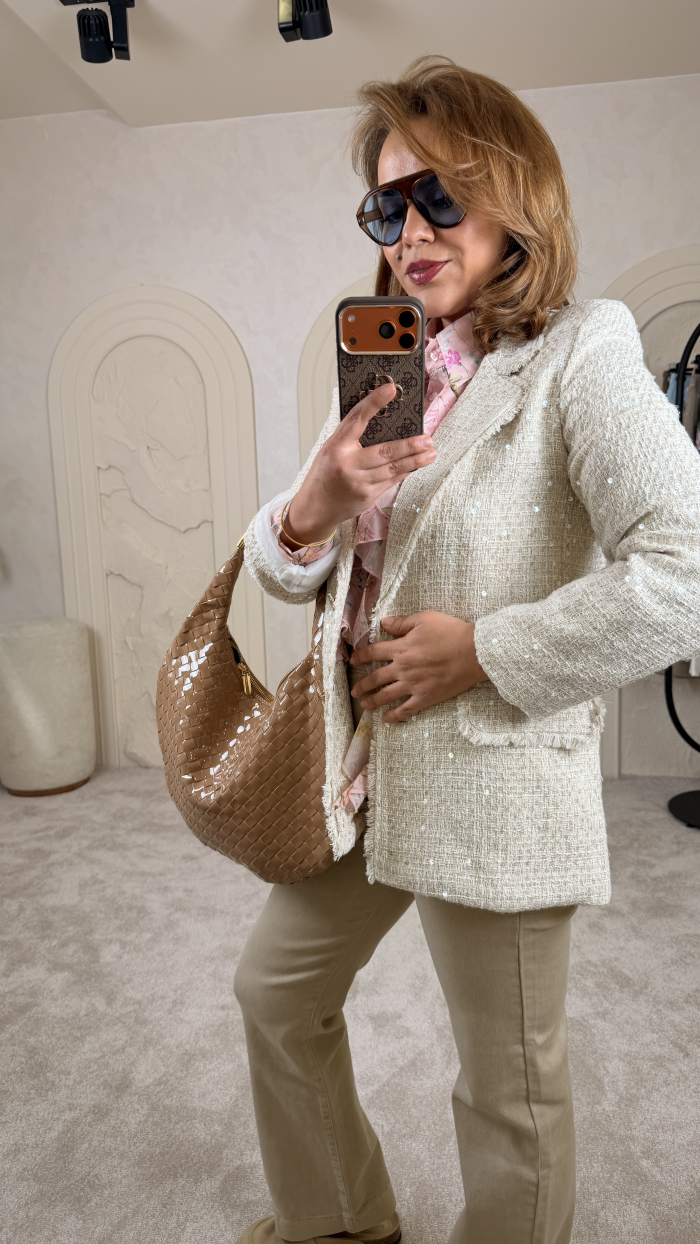 TÜVİT ŞEFFAF PAYET BLAZER CEKET KREM