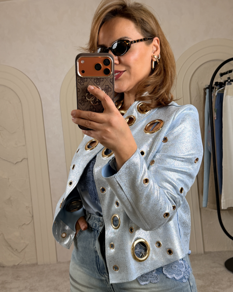 METALİK İTALYAN KUŞGÖZÜ CEKET MAVİ