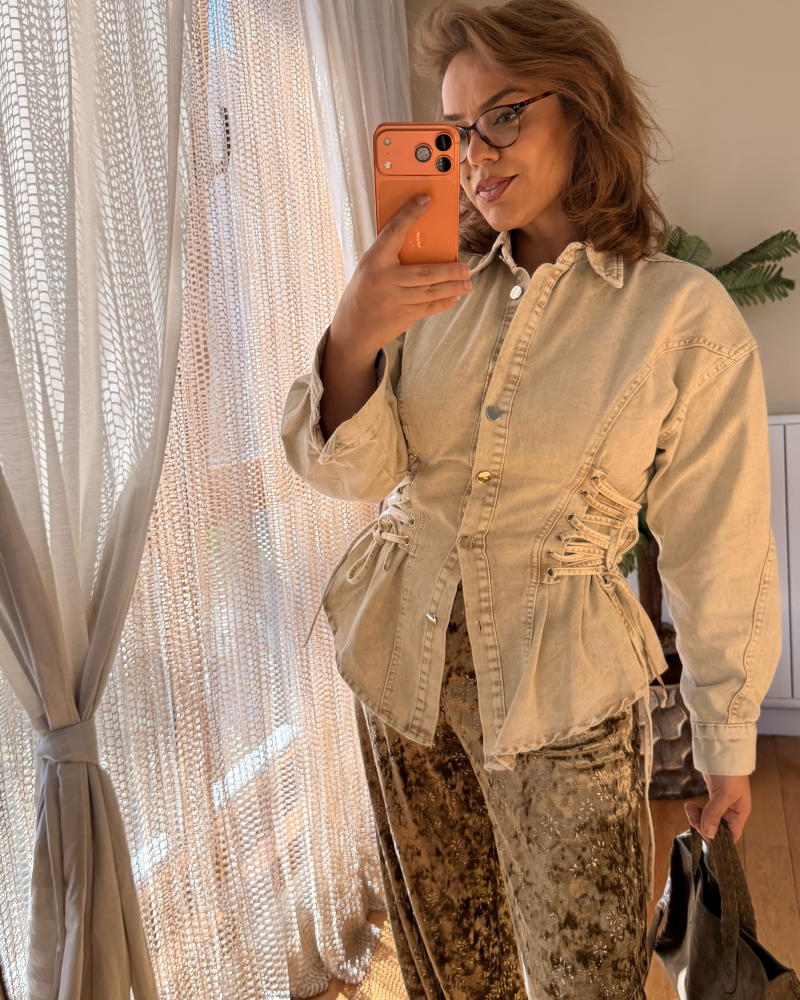 JEAN YAN DETAYLI GÖMLEK BEJ