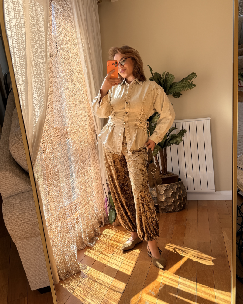 JEAN YAN DETAYLI GÖMLEK BEJ