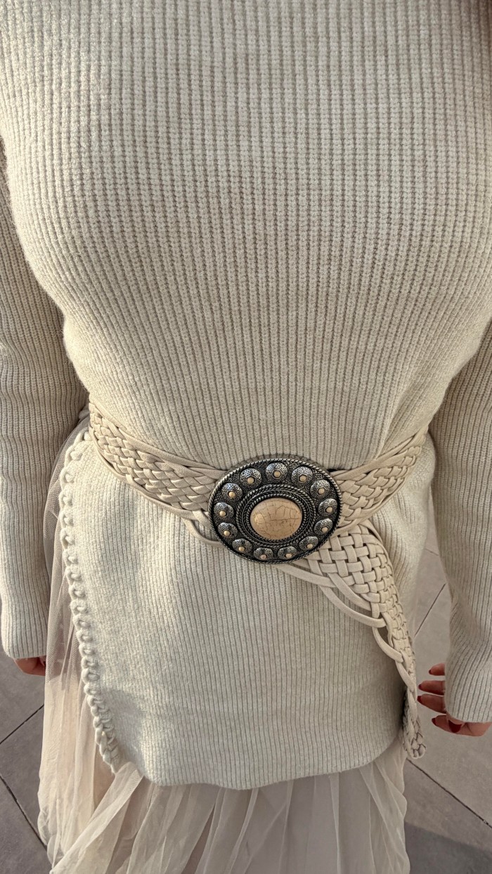 İTALYAN DERİ ÖRME KREM KEMER