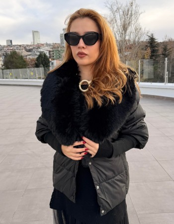 KÜRK DETAYLI ŞİŞME KABAN SİYAH