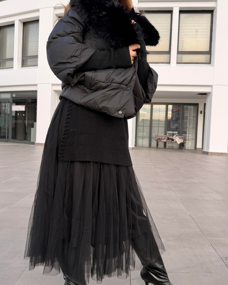 KÜRK DETAYLI ŞİŞME KABAN SİYAH