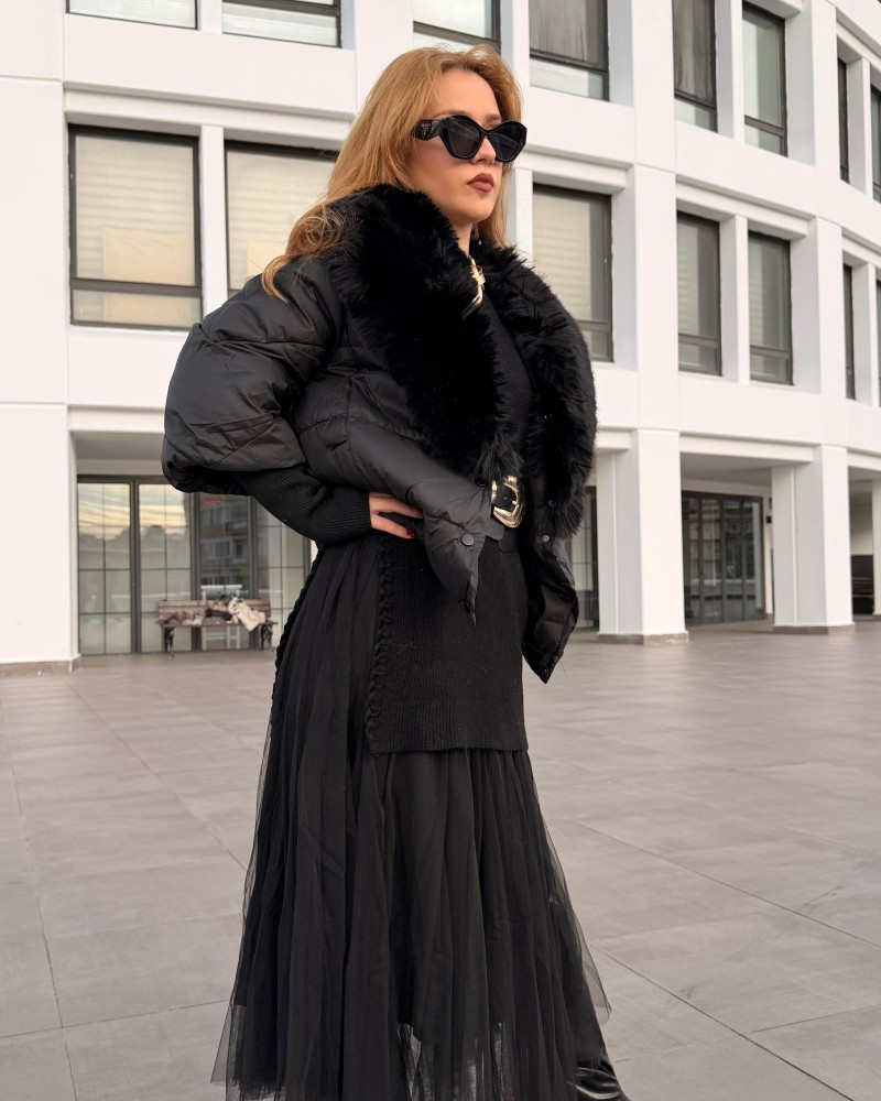 KÜRK DETAYLI ŞİŞME KABAN SİYAH