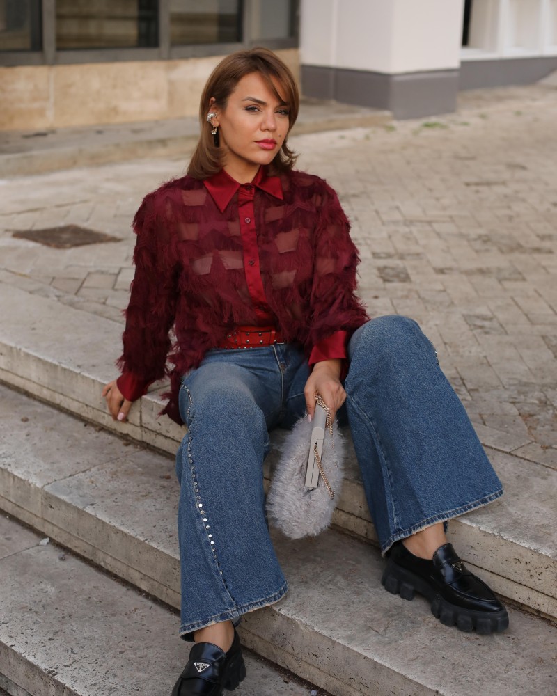 PÜSKÜL DETAYLI GÖMLEK BORDO