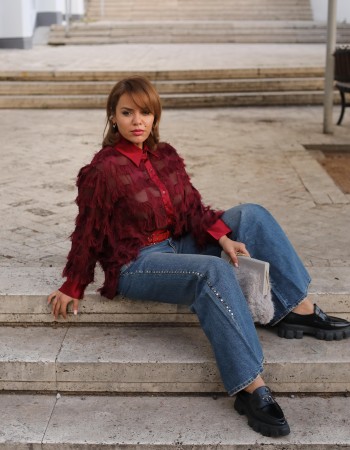 PÜSKÜL DETAYLI GÖMLEK BORDO