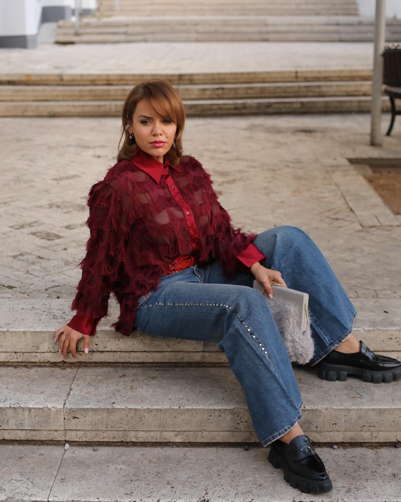 PÜSKÜL DETAYLI GÖMLEK BORDO