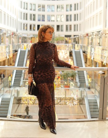 TÜL DETAY LEOPAR DESEN MAXİ ELBİSE KAHVE