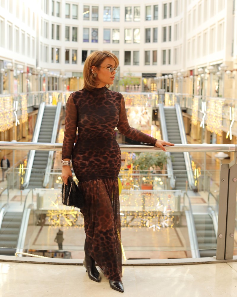 TÜL DETAY LEOPAR DESEN MAXİ ELBİSE KAHVE